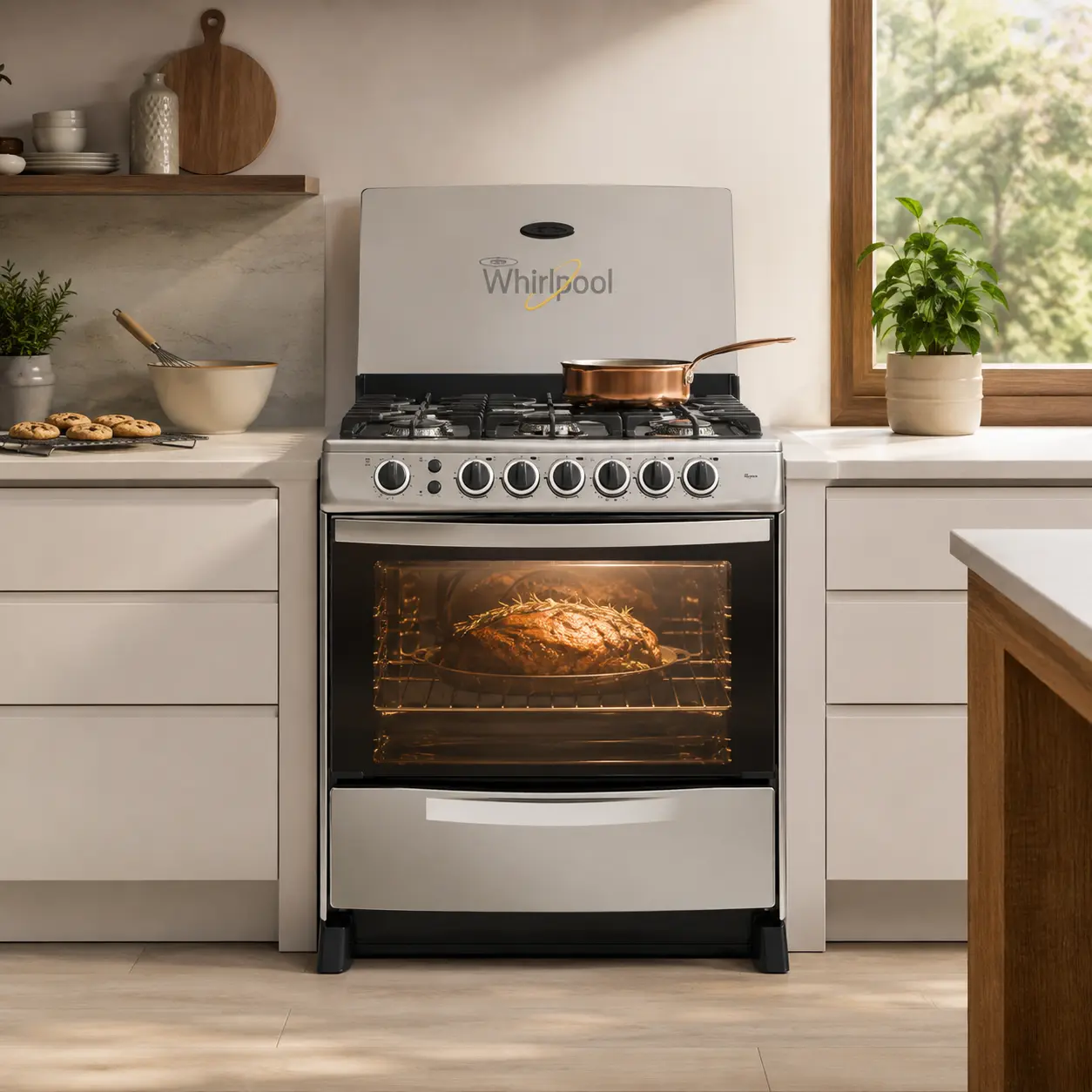 Cocina a gas plateada con horno encendido integrada en muebles blancos de cocina